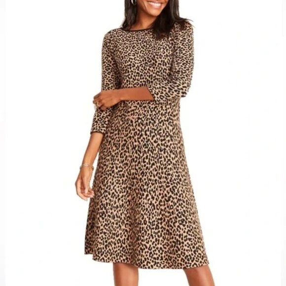Ann Taylor Leopard Print Fit & Flare Sweater Dress S Cotton Blend Tan Black - Picture 1 of 13